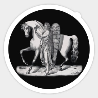 Classic angel next to the majestic horse. Vintage drawing in black and white Sticker